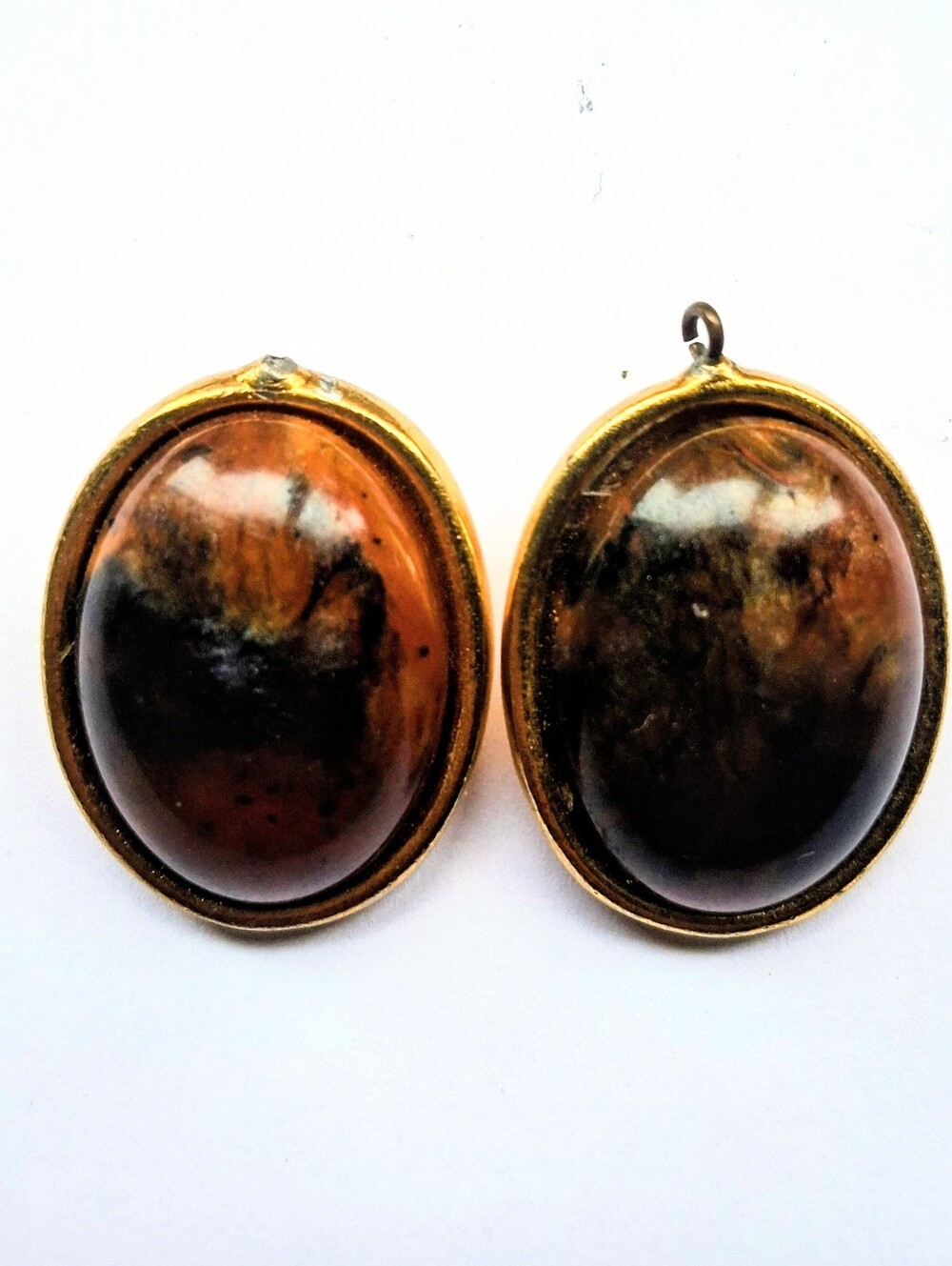 MCM Les Bernard Gold Tone Statement Clip Earrings, Swirl Faux Agate Resins